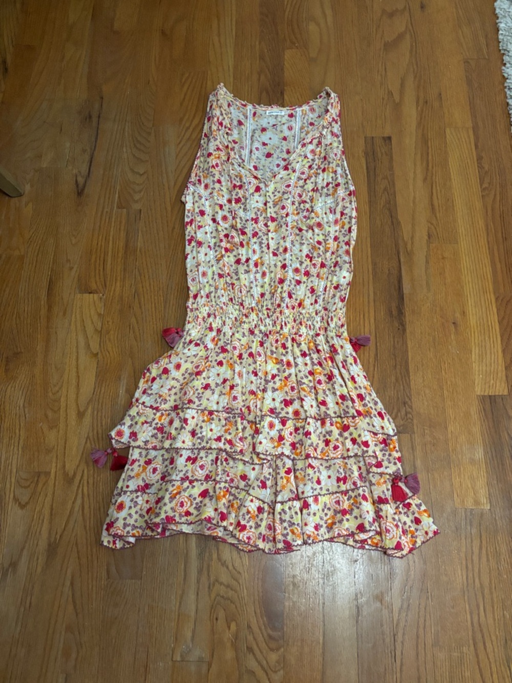 Poupette St. Barth Cream Floral Mini Dress with Pink & Orange Accents